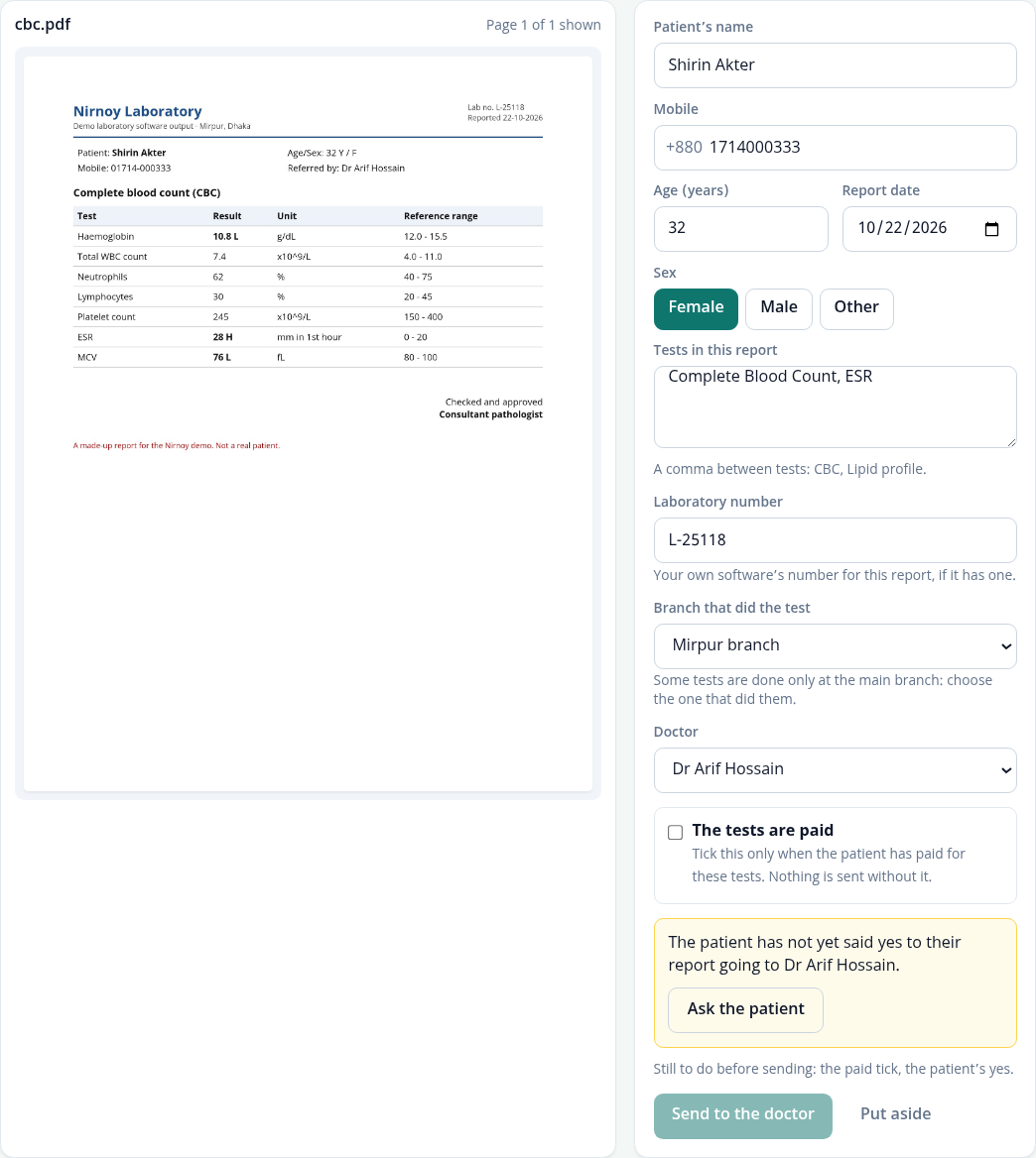 Checking a report — the page on the left; on the right the boxes filled in from the PDF, the branch, the doctor, the paid tick and the patient’s consent
