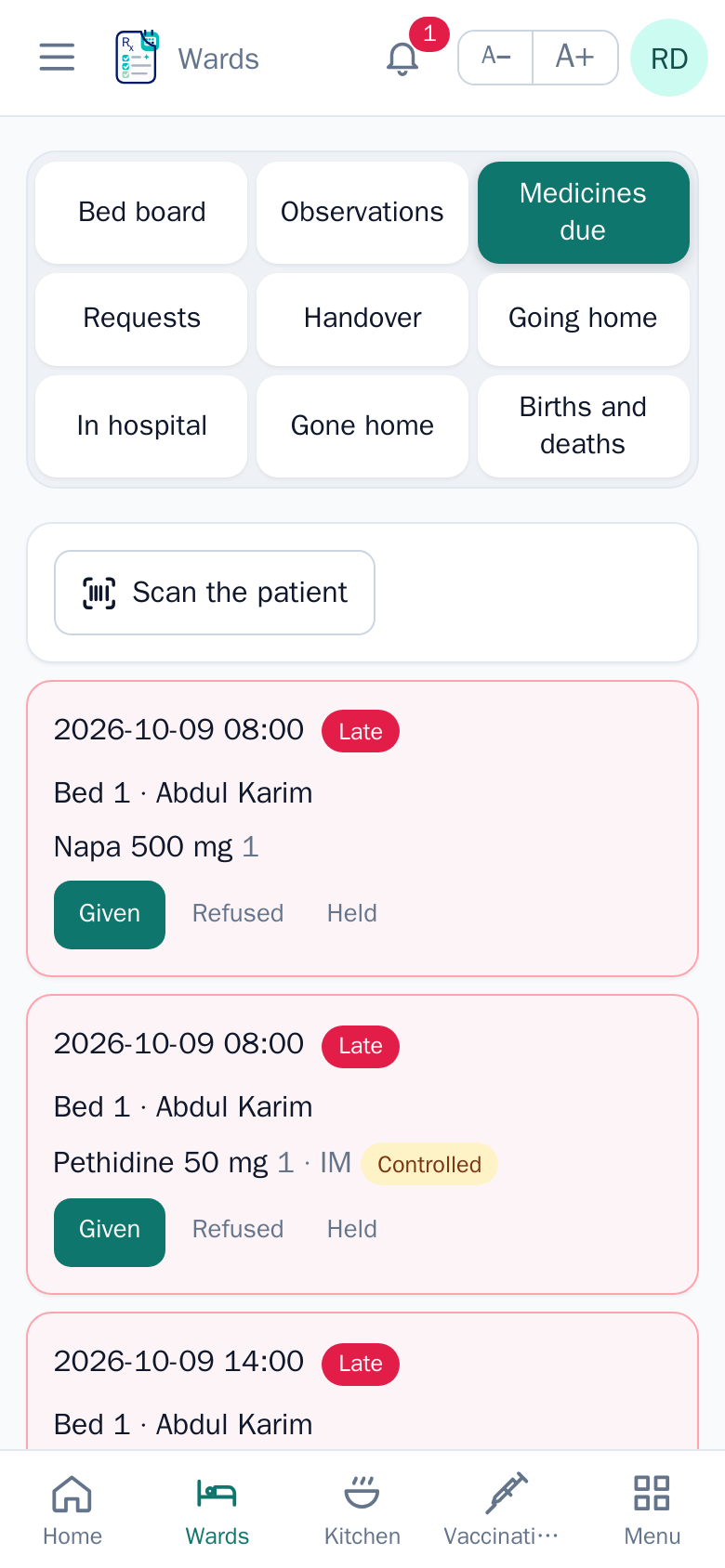 Medicines due on a nurse’s phone — late doses, a controlled medicine marked