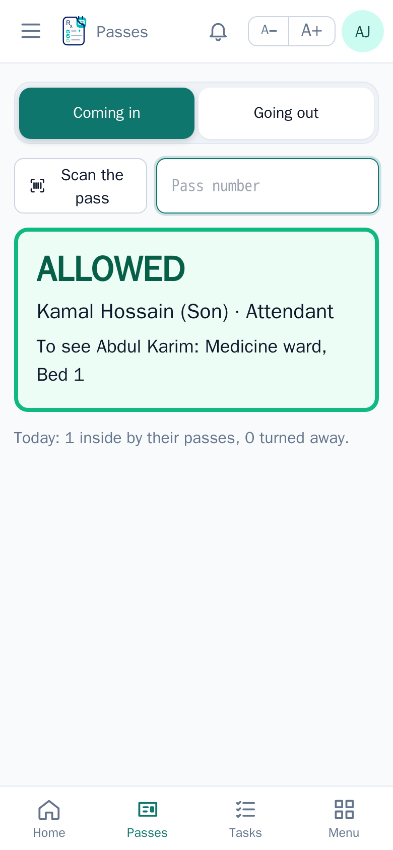 Find the patient, issue the pass, print it